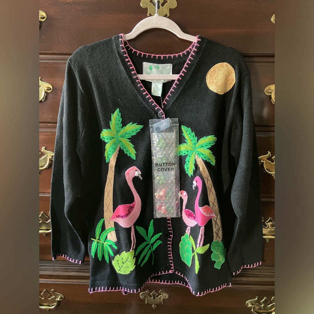 The Quacker factory flamingo palm tree cardigan size medium